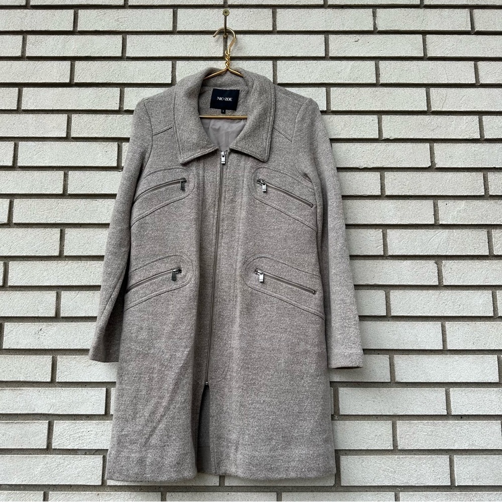 Nic+Zoe Long Knit Zip Pocket Coat Jacket Taupe Gray‎ Neutral Minimalist S